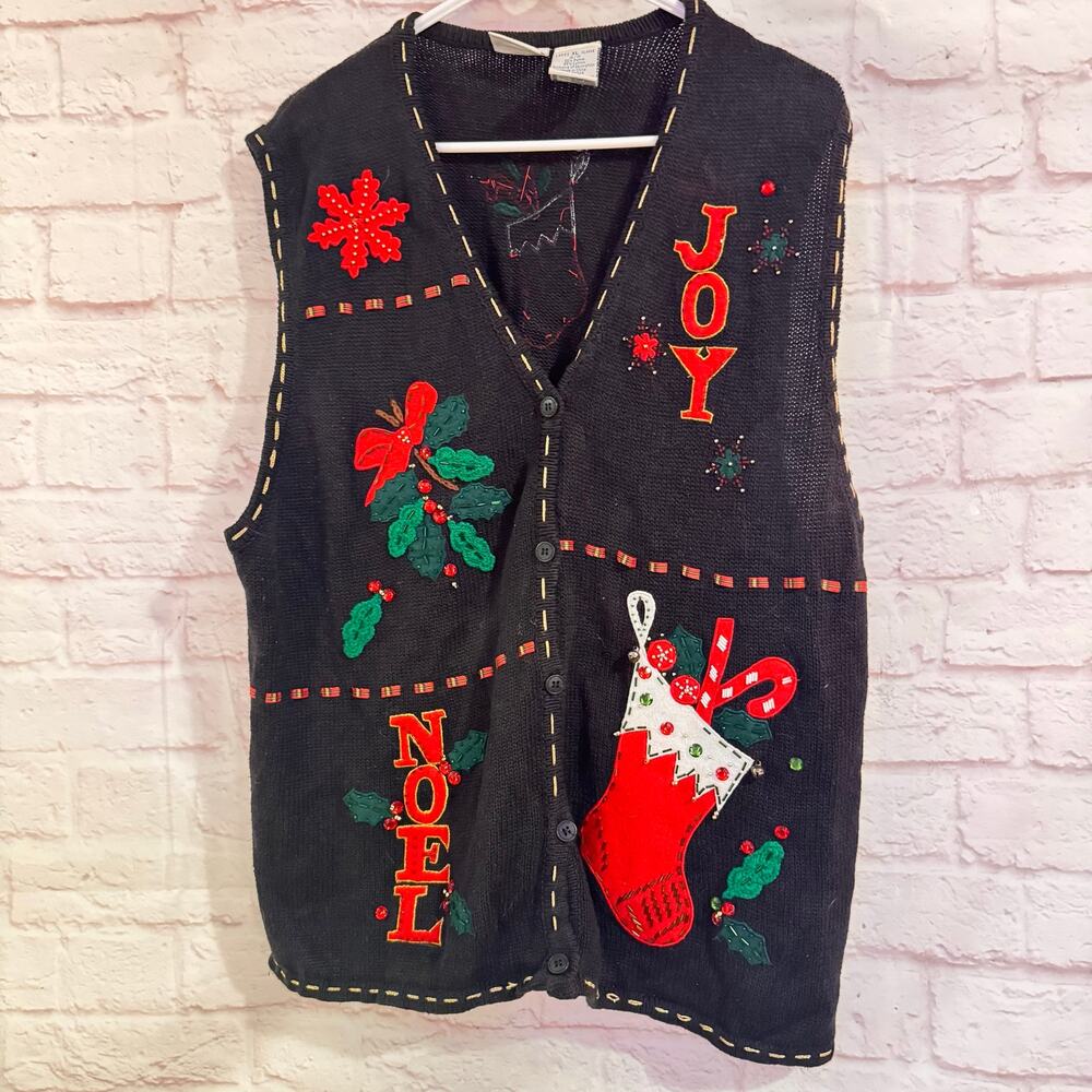 Bobbie Brooks Sz XL Black/red/gold Christmas Vest cotton/ramie 27.5” length
